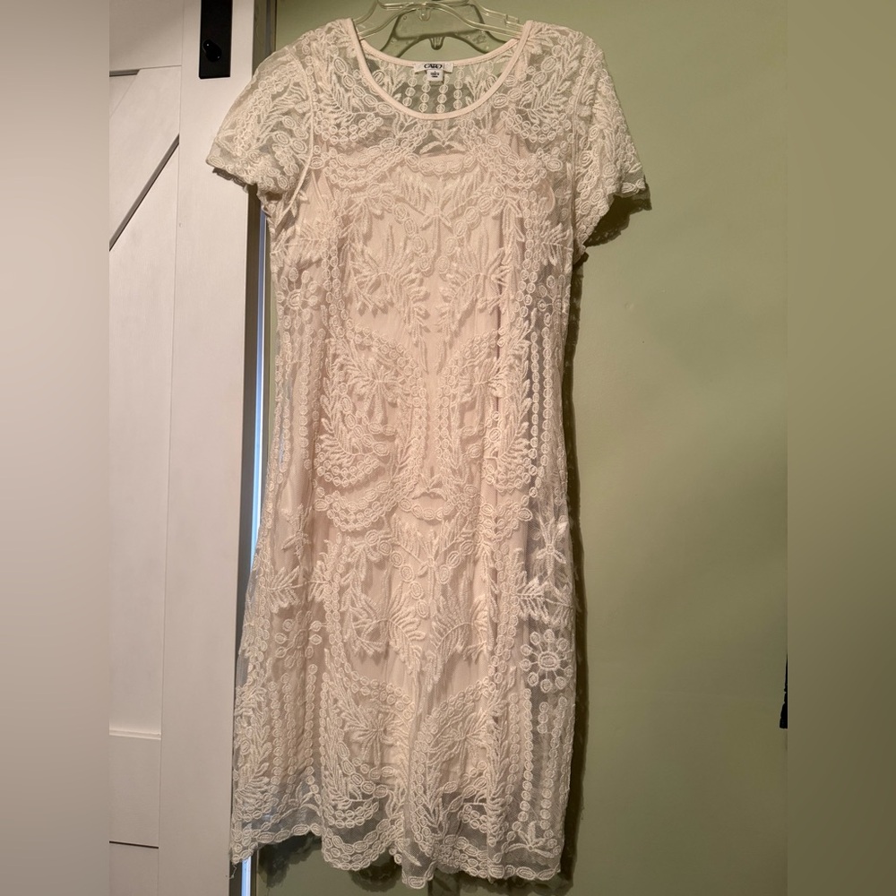 Cato Cream Sheath Midi Dress with Crew Neck